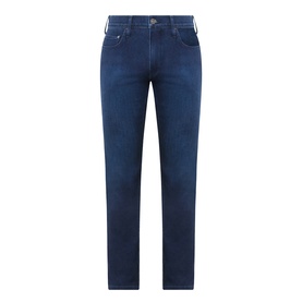 Paige Pembry straight jeans in mid-blue wash, five-pocket style with contrast stitching, flat lay view.