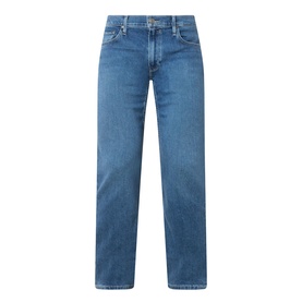 Paige Straight Jeans in Bushman mid-blue wash, five-pocket style with belt loops, relaxed straight leg cut.