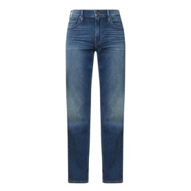 Paige Kirkwin straight jeans in mid-blue wash, five-pocket styling, slight fading detail, cotton-blend denim