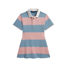 Ralph Lauren children's dress in Adirondack Rose and Cassidy Blue wide stripes, white collar, short sleeves, flared skirt, embroidered pony logo