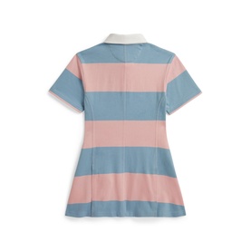 Ralph Lauren children's striped polo dress in Adirondack Rose and Cassidy Blue, back view, short sleeves, white collar