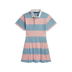 Ralph Lauren children's dress in Adirondack Rose and Cassidy Blue wide stripes, short sleeves, polo collar, A-line silhouette