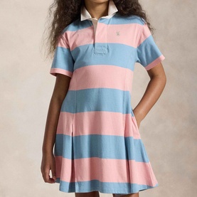 Model wearing Ralph Lauren Pony Logo Striped Rugby Dress in pink and blue wide stripes, fit-and-flare silhouette with rugby collar