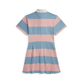 Ralph Lauren children's striped polo dress in Adirondack Rose and Cassidy Blue, short sleeves, white collar, back view