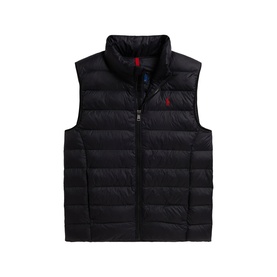 Ralph Lauren black quilted gilet with zip fastening, stand collar, and embroidered red polo pony logo on chest