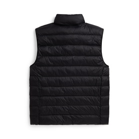 Ralph Lauren children's black quilted gilet, rear view showing ribbed stand collar, sleeveless design and horizontal stitch detail.