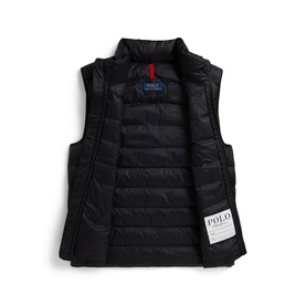 Ralph Lauren children's black quilted gilet, sleeveless with stand collar, zip pockets, and branded label at hem, laid flat