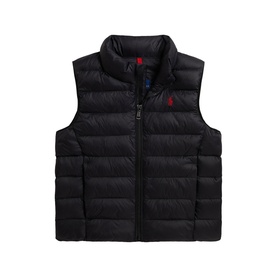 Ralph Lauren children's black quilted gilet with stand collar, zip fastening, and red embroidered pony logo