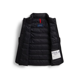 Ralph Lauren black children's quilted gilet, laid flat open showing branded interior lining and Polo Ralph Lauren label