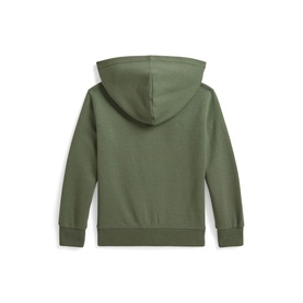 Ralph Lauren children's cargo green zip-up hoodie, back view showing hood and ribbed hem and cuffs.