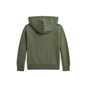 Ralph Lauren children's cargo green zip-up hoodie, back view showing hood and ribbed cuffs and hem.