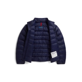 Ralph Lauren children's Newport Navy quilted puffer jacket, open flat lay showing navy lining and branded label