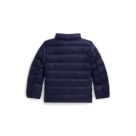 Ralph Lauren children's Newport Navy quilted puffer jacket, rear view showing stand collar and ribbed hem.