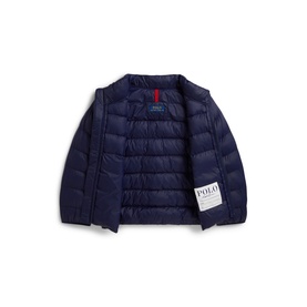 Ralph Lauren children's Newport Navy quilted down jacket, open flat lay showing red branded label lining interior