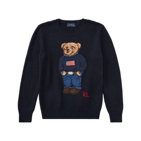 Ralph Lauren navy knit jumper with iconic Polo Bear in American flag sweater and jeans intarsia design, RL logo detail