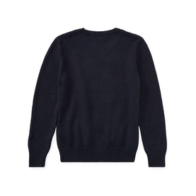 Ralph Lauren children's navy knit crew-neck jumper, ribbed cuffs and hem, flat lay back view