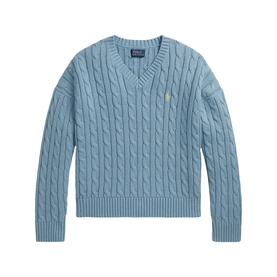 Ralph Lauren children's cable-knit V-neck sweater in Cassidy Blue with gold pony logo embroidery