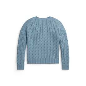 Ralph Lauren children's cable-knit sweater in Cassidy Blue, shown from the back with classic crew neck and all-over cable texture.