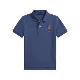 Ralph Lauren children's polo shirt in Old Royal blue with embroidered Polo Bear motif on chest, short sleeves and button placket