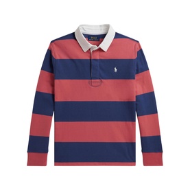 Ralph Lauren children's striped rugby polo in pink and navy, white collar, embroidered pony logo, long sleeves