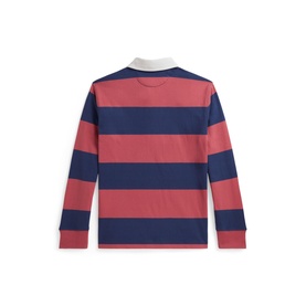 Ralph Lauren children's rugby polo in Adirondack berry and old royal wide stripes, white collar, long sleeves, back view