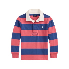 Ralph Lauren children's rugby polo shirt in pink and navy wide stripes, cream collar, long sleeves with embroidered pony logo