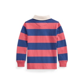 Ralph Lauren children's striped rugby polo in Adirondack Berry and Old Royal, long sleeve, back view with cream collar