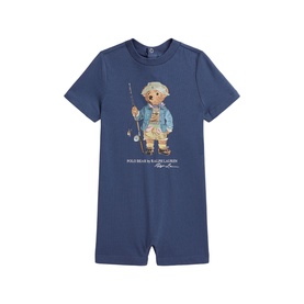 Ralph Lauren Old Royal blue baby romper with short sleeves and Polo Bear graphic print on front.