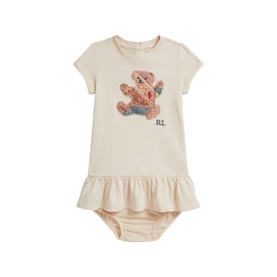 Ralph Lauren cream baby romper with peplum hem and embroidered Polo Bear graphic, short sleeves, includes matching bloomers