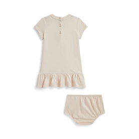 Ralph Lauren cream baby romper dress with frill hem, short sleeves, and button neckline, shown with matching bloomers