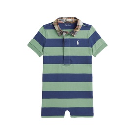 Ralph Lauren baby romper in faded mint and old royal stripe, short sleeves, plaid collar, embroidered pony logo