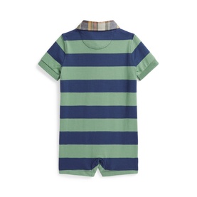 Ralph Lauren baby romper in faded mint and old royal wide stripes, short sleeves, check collar, rear view