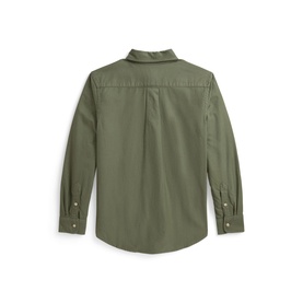 Ralph Lauren children's cargo green long-sleeve shirt, back view, button cuffs with gold-tone hardware, spread collar
