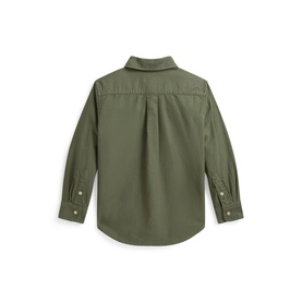 Ralph Lauren children's cargo green long-sleeve shirt, back view, button cuffs and spread collar visible.