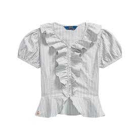 Ralph Lauren children's light blue and cream striped shirt with ruffle front detail, puff sleeves, and peplum hem