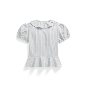 Ralph Lauren children's light blue and cream multi stripe shirt with peter pan collar, puff sleeves, and peplum hem