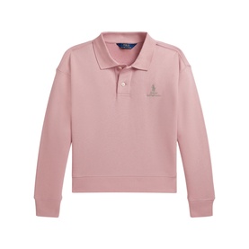 Ralph Lauren light pink polo-collar sweat top with embroidered Polo Pony logo, ribbed cuffs and hem, three-button placket