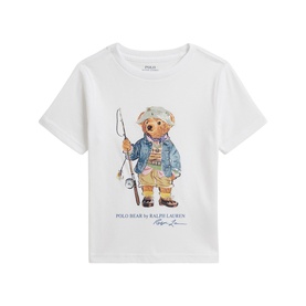Ralph Lauren white children's T-shirt with Polo Bear fishing graphic print on chest, short sleeves, crew neck