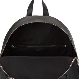 Tom Ford black leather backpack, open top view showing interior zip pocket and silver-tone hardware detailing