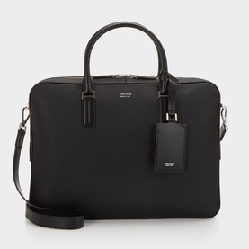 Tom Ford navy black calf leather briefcase with dual top handles, silver-tone hardware, luggage tag, and detachable crossbody strap