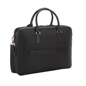 Tom Ford navy black calf leather briefcase with dual top handles, silver-tone hardware, zip closure, and detachable shoulder strap