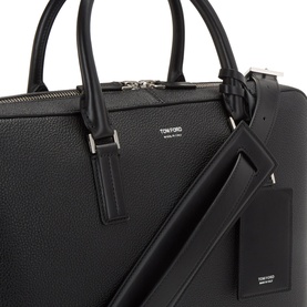 Tom Ford navy black calf leather briefcase with silver-tone hardware, dual top handles, detachable shoulder strap and zip top closure