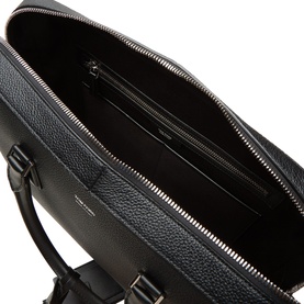 Tom Ford navy black calf leather briefcase, open top view showing interior zip pocket and suede lining, silver-tone zip hardware