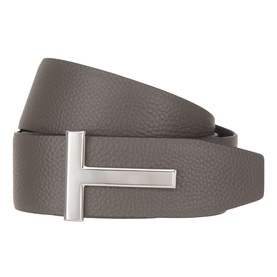 Tom Ford Smoke Grey reversible leather belt with silver-tone T-bar buckle, pebbled texture, black reverse visible at tip
