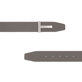 Tom Ford Smoke Grey Black leather belt with silver-tone T-bar buckle, shown flat with strap detail reverse view.