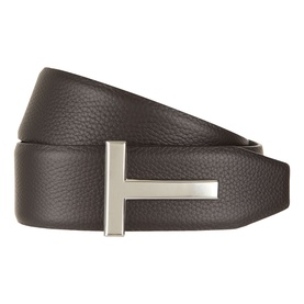 Tom Ford brown leather belt with silver-tone T-bar buckle, pebbled texture, reversible design
