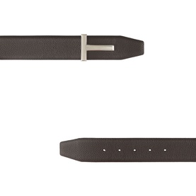 Tom Ford brown leather belt with silver T-bar buckle, shown front and reverse, grained texture, 100% leather with brass hardware