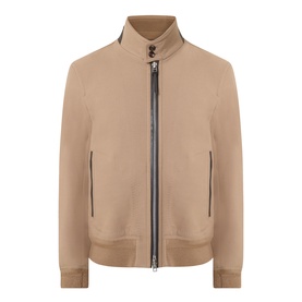 Tom Ford golden brown virgin wool-silk casual jacket with zip front, leather-trimmed collar, and ribbed cuffs