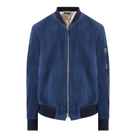 Tom Ford indigo suede bomber jacket with zip fastening, ribbed collar, cuffs and hem, and zip sleeve pocket