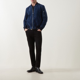 Model wearing Tom Ford Indigo suede casual jacket with black trousers and black leather shoes.